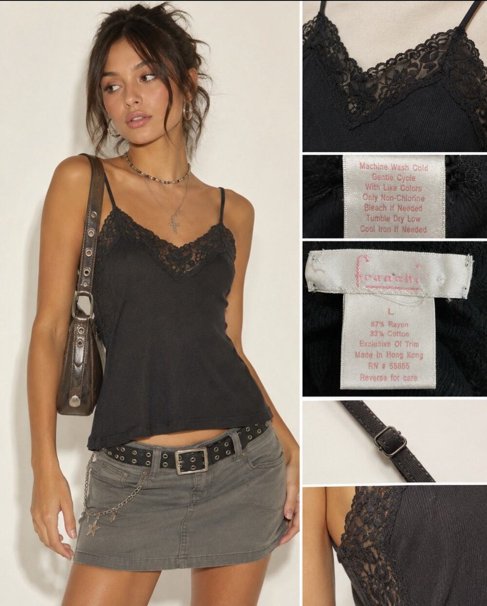 Y2K Indie Sleaze Frenchi Layering Lace Trim Camisole Top Size L Black Rayon 00s